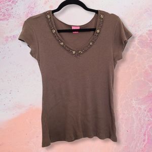 ANGELS Floral Beaded Brown V Neck Short Sleeve Top